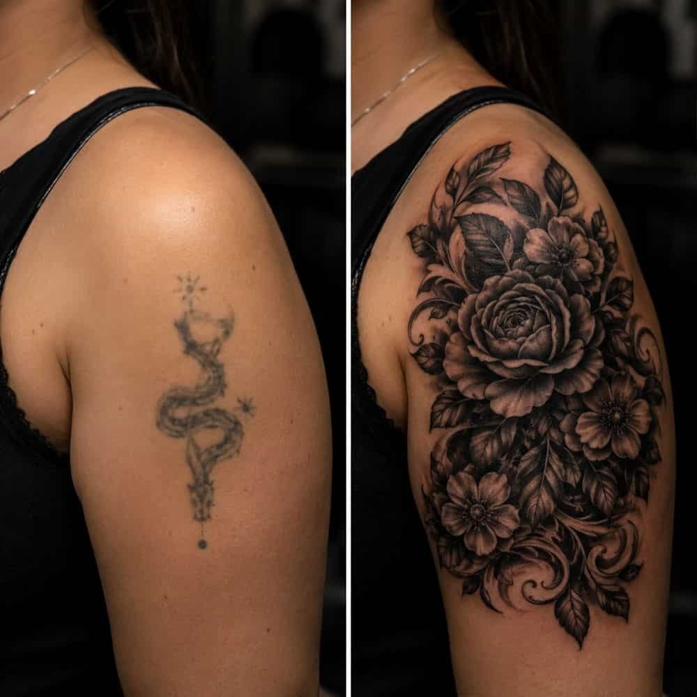 Segundo ejemplo de tapado de tatuaje con transformación completa del diseño