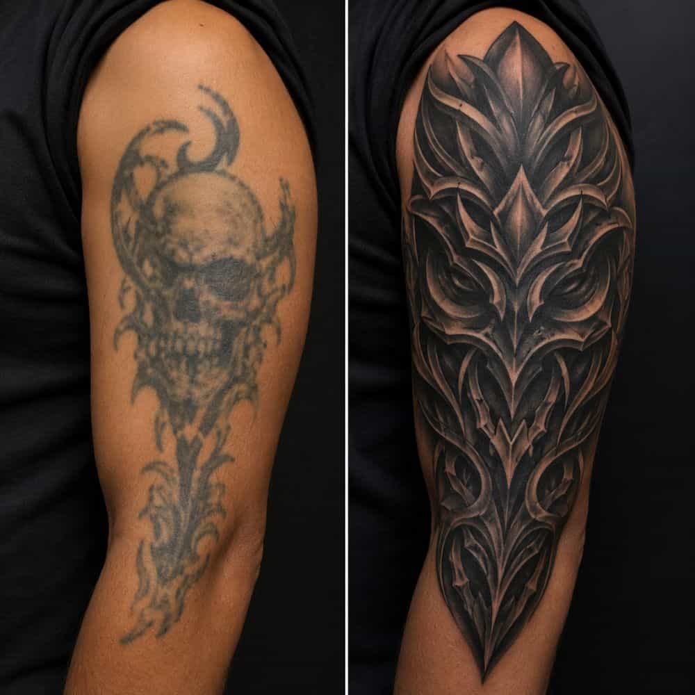 Antes y después de un cover-up que tapa un tatuaje viejo con un diseño nuevo