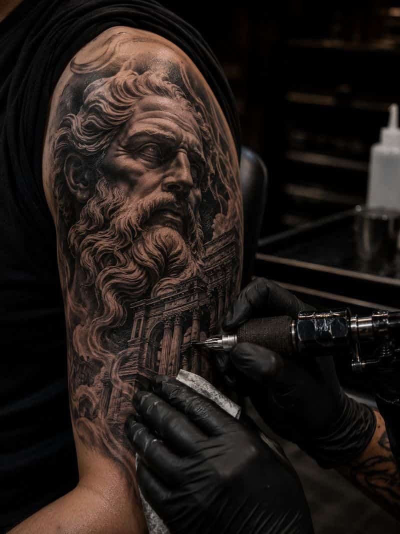 Tatuaje de realismo en negro y gris en proceso sobre el brazo