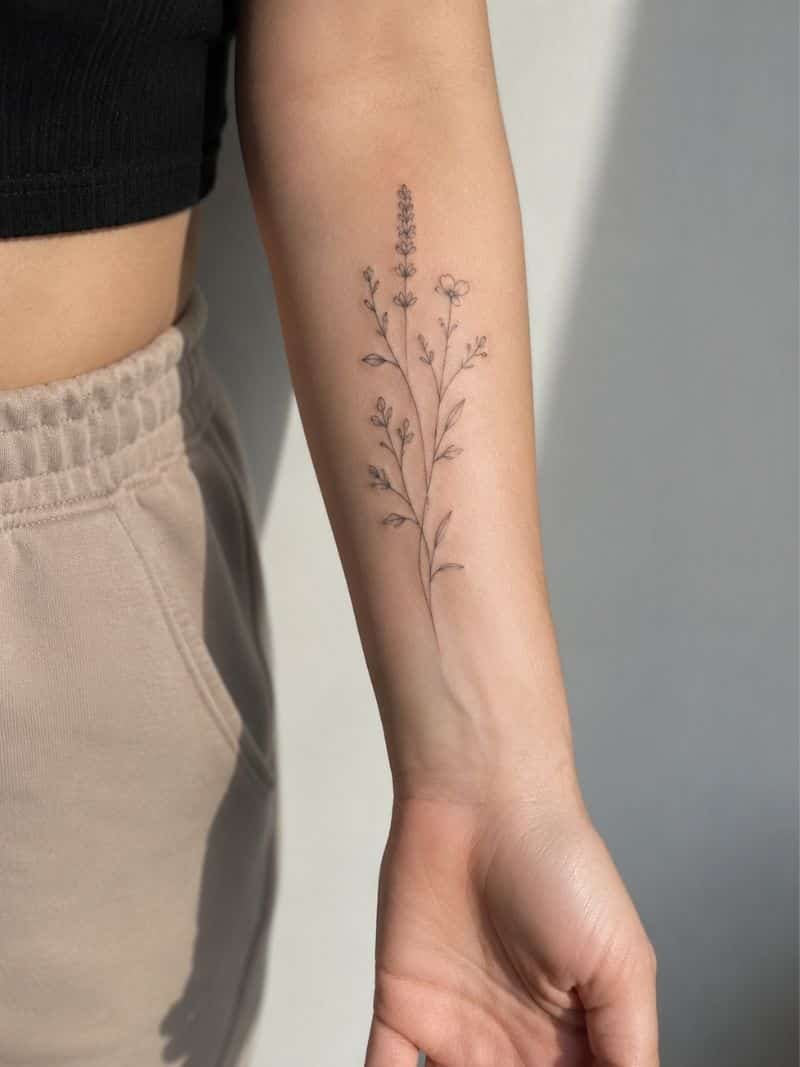 Tatuaje fine line botánico de líneas finas en la cara interna del antebrazo