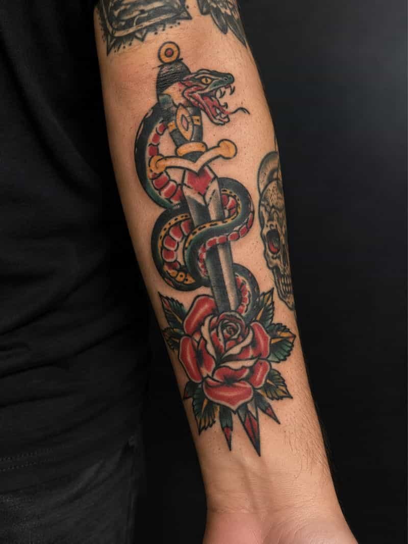 Tatuaje tradicional old school a color con líneas gruesas