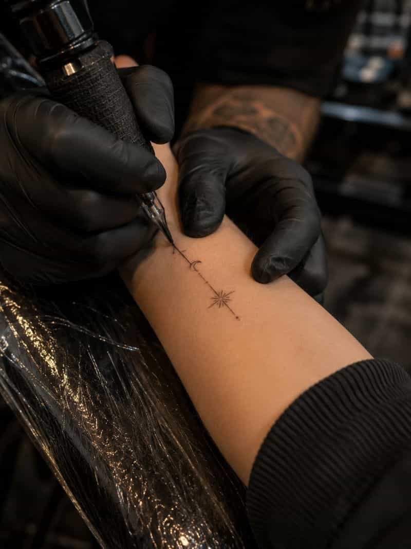 Mano tatuando un diseño pequeño y minimalista en el antebrazo